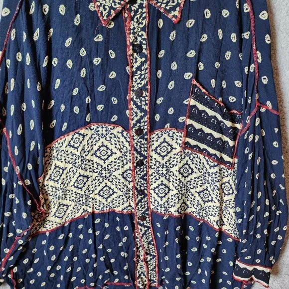 We Be Bop Women's Long Sleeve Button Up Top Multi Print Oversized Lagenlook Sz 2 - Picture 3 of 11